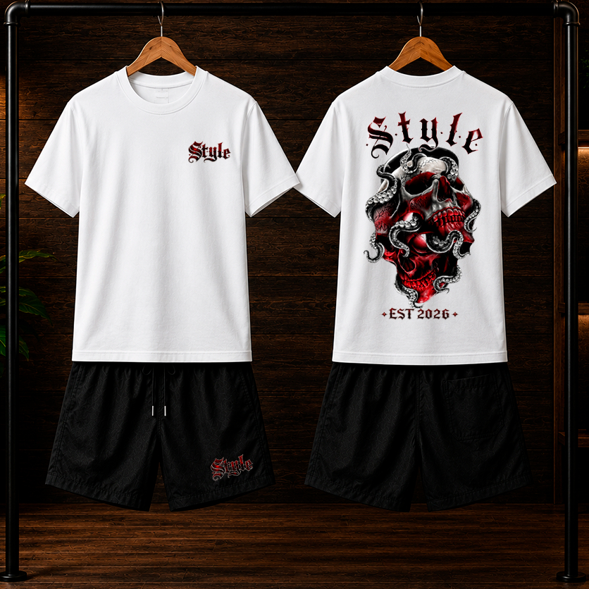 Conjunto Camiseta 100% algodão 30.1 + Bermuda Masculino Tactel Com elastano Estampado STYLE EST 2026 streetwear