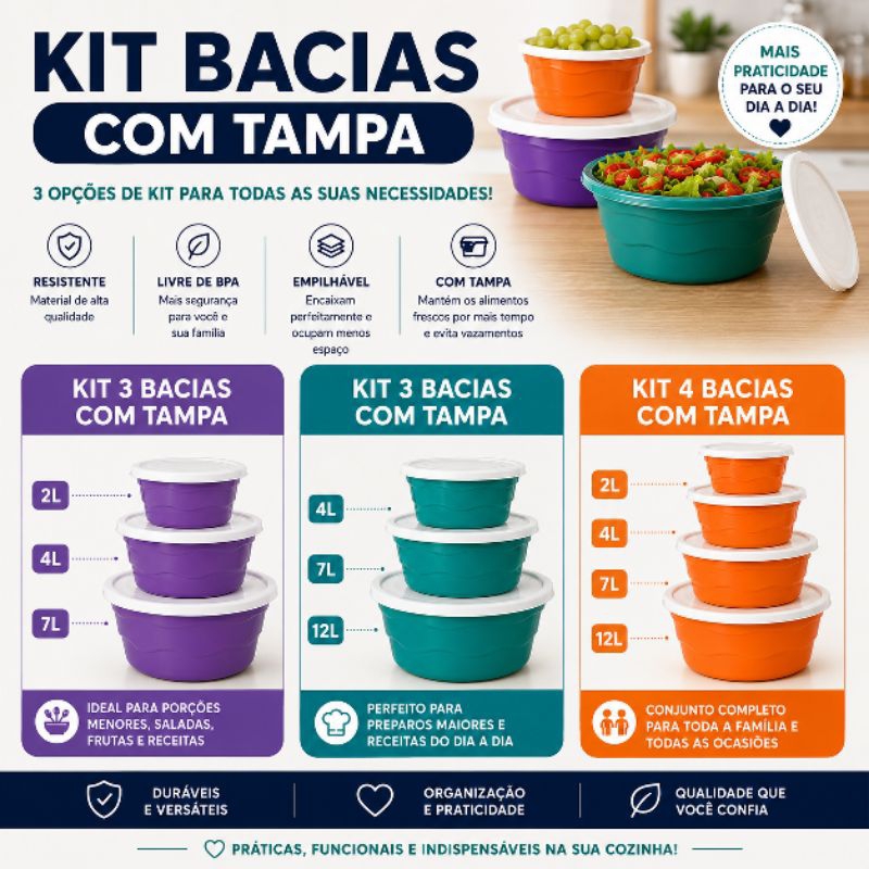 Kit Bacias com Tampa Plástico Reforçado 2L 4L 7L 12L | 3 ou 4 Peças | Cores Sortidas