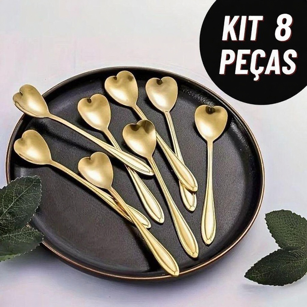 Kit 8 Colher de Café Design de Coração Aço Inoxidável Colher para Bolo