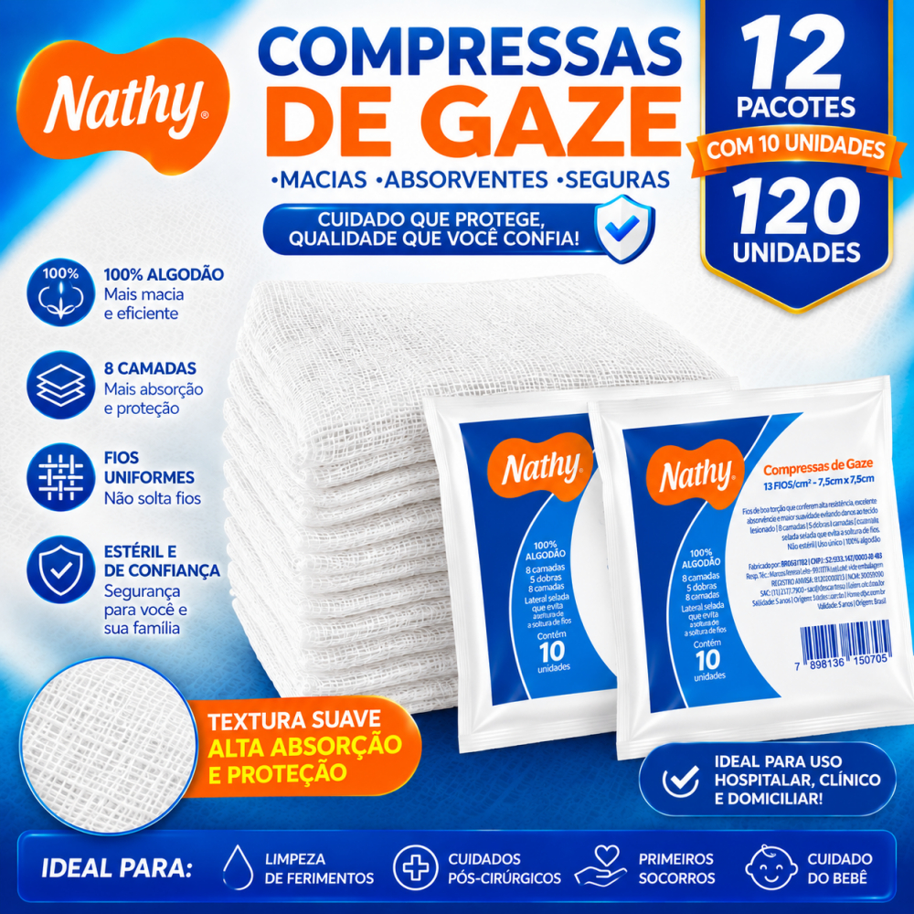 Compressa De Gaze Estéril 13 Fios Curativo 4, 8 ou 12 Pacotes C/ 10x