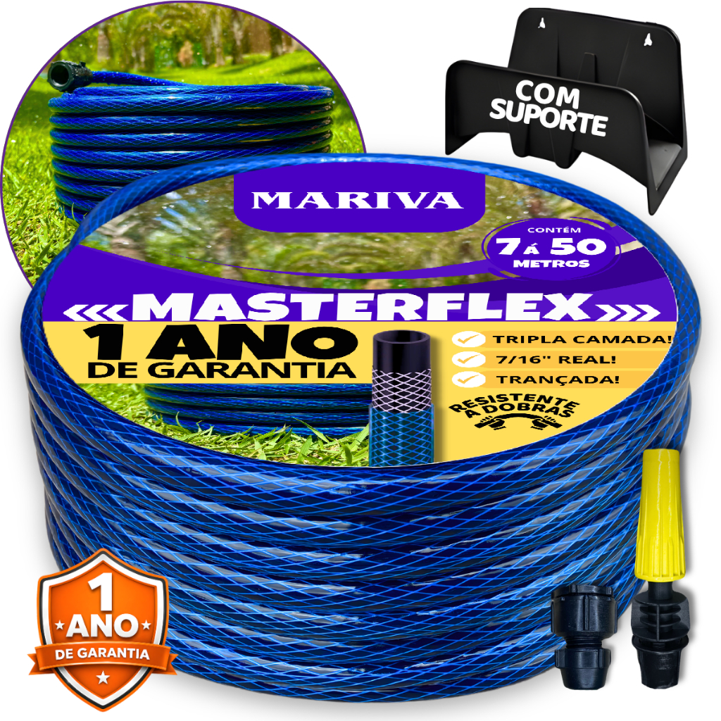 Mangueira de Jardim Trançada Azul com Suporte 7/16 (Kit Completo) - 7m à 50m, Reforçada, Trançada