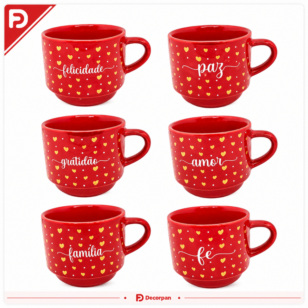 Kit 6 Xícaras de Porcelana Empilháveis Vermelha - Palavras Inspiradoras - Fé, Gratidão, Felicidade, Amor, Paz, Familia