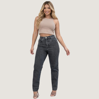 Calça Mom Jeans Feminina Cintura Alta Cinza Grafite Premium
