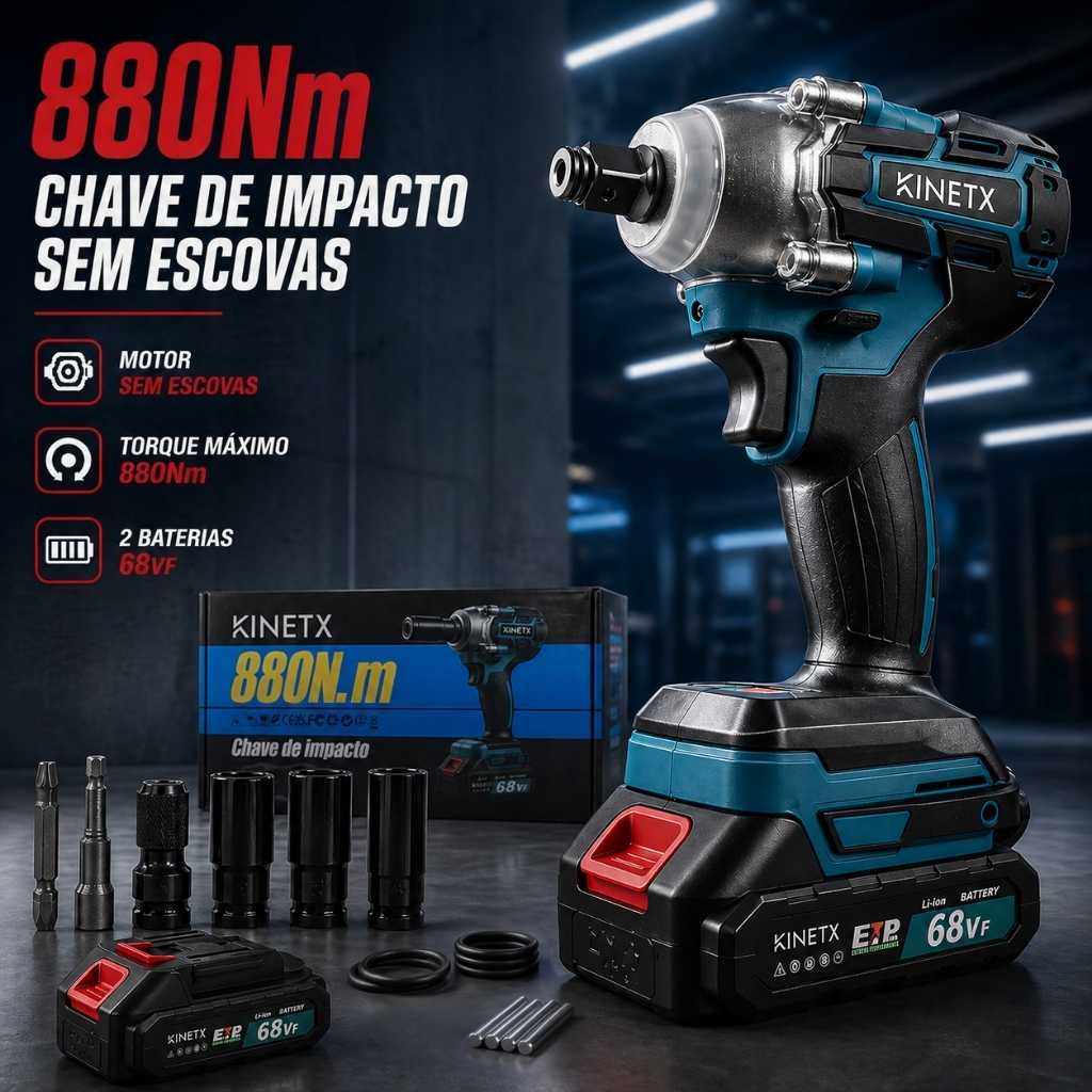 Chave De Impacto 880Nm Kinetx Motor Brushless Sem Fio Parafusadeira Furadeira Profissional 2 Baterias 98Vf Kit Acessório
