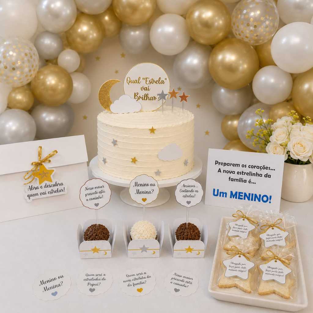 Kit Chá Revelação Luxo "Qual Estrela Vai Brilhar?" - Chá Revelação - Topo Personalizado Chá de Bebê - Revelação