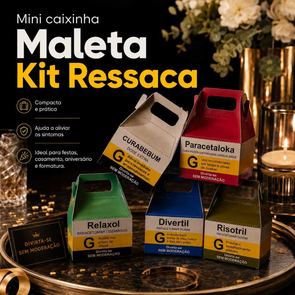 Caixinhas Kit Ressaca Mini Maleta Lembrancinhas Divertidas Casamento, Aniversário, Formatura