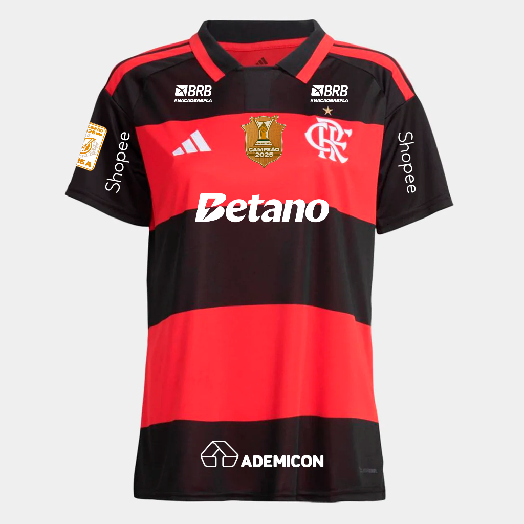 Manto Flamengo Feminina Jogo 1 Adidas 2026 - Kit Patrocínio + Kit Patchs Campeão Brasileirão 2025