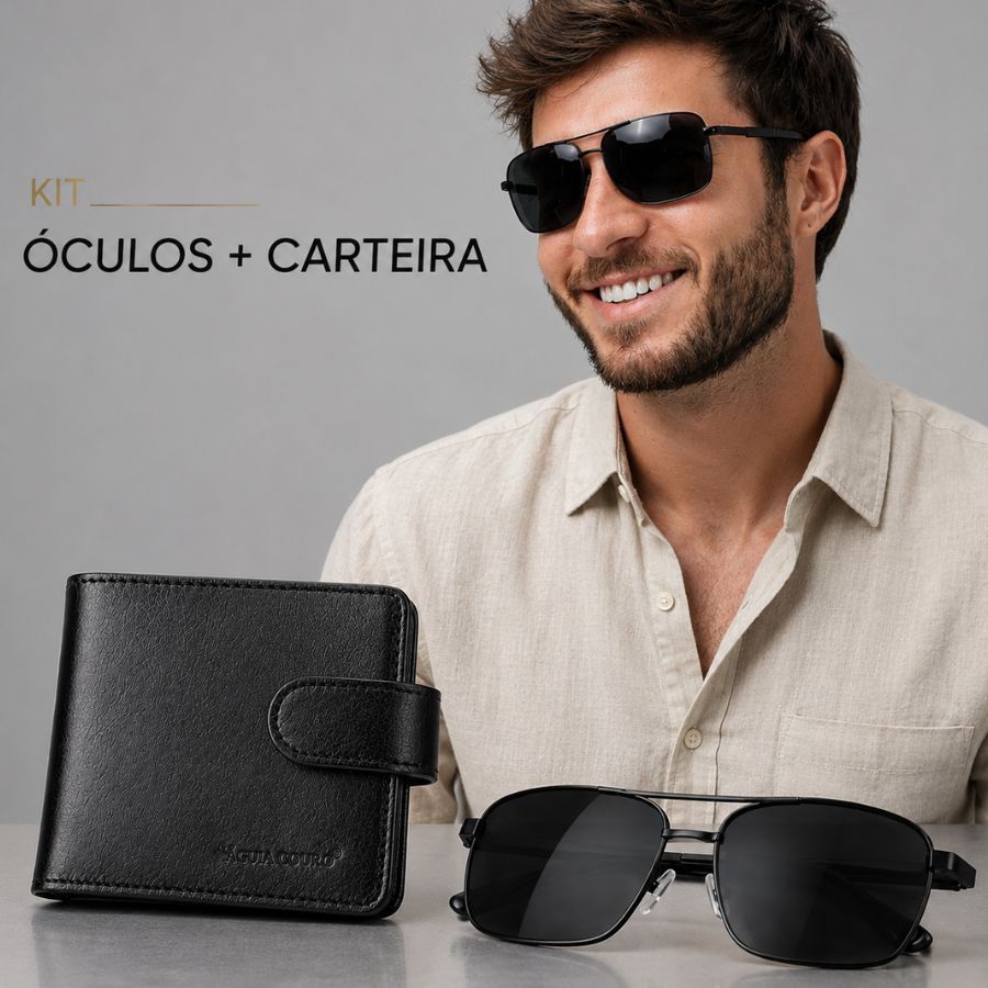 Carteira Completa Couro Masculina Com Botão 2 Porta Fotos 3x4 + Brinde Óculos de Sol Masculino