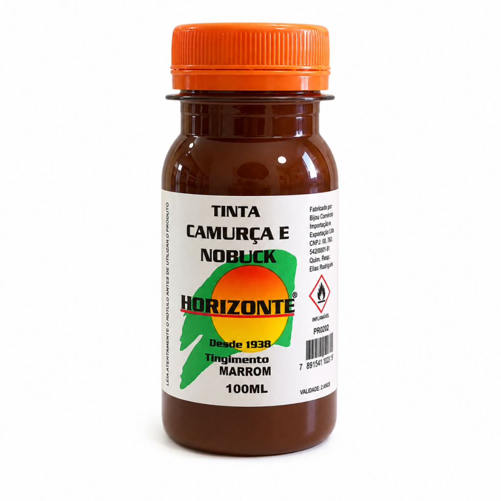 Tinta para Camurça e Nobuck 100ml horizonte cor marrom  Revitaliza Cor Desbotada Alta Cobertura Fácil Aplicação