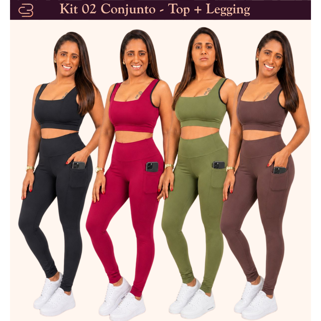 Kit 2 Conjunto Feminino Academia Calça Legging Cintura Alta Zero Transparência Leg Bolso Top Fitness