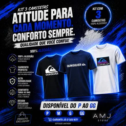 Kit 3 Camiseta Masculina Quiksilver 100% Algodão Envio Imediato Envio Imediato