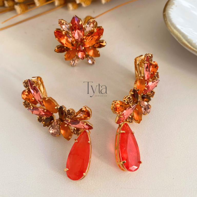 Ear cuff e anel laranja com banho de ouro brinco laranja earcuff laranja stella luxo