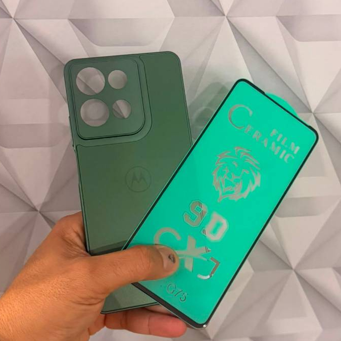KIT CAPA ACRILICA MAIS PELICULA CERAMICA MOTOROLA G75 VERDE MILITAR CAPINHA PREMIUM AG-GLASS LUXUOSA