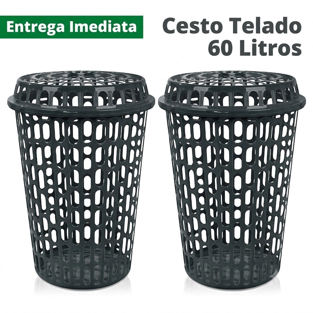 Cesto Telado Com Tampa 60L - kit 2 unidades