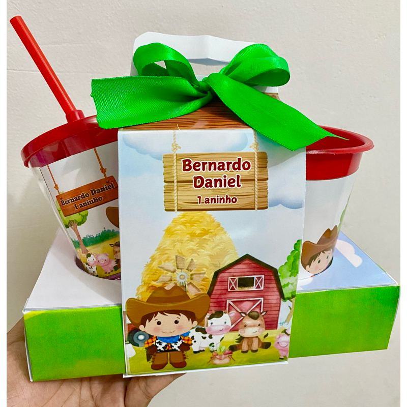 KIT CINEMA NA CAIXA FAZENDINHA VERMELHA MENINO / LEMBRANCINHAS FESTA INFANTIL/ BRINDE PAPELARIA PERSONALIZADA