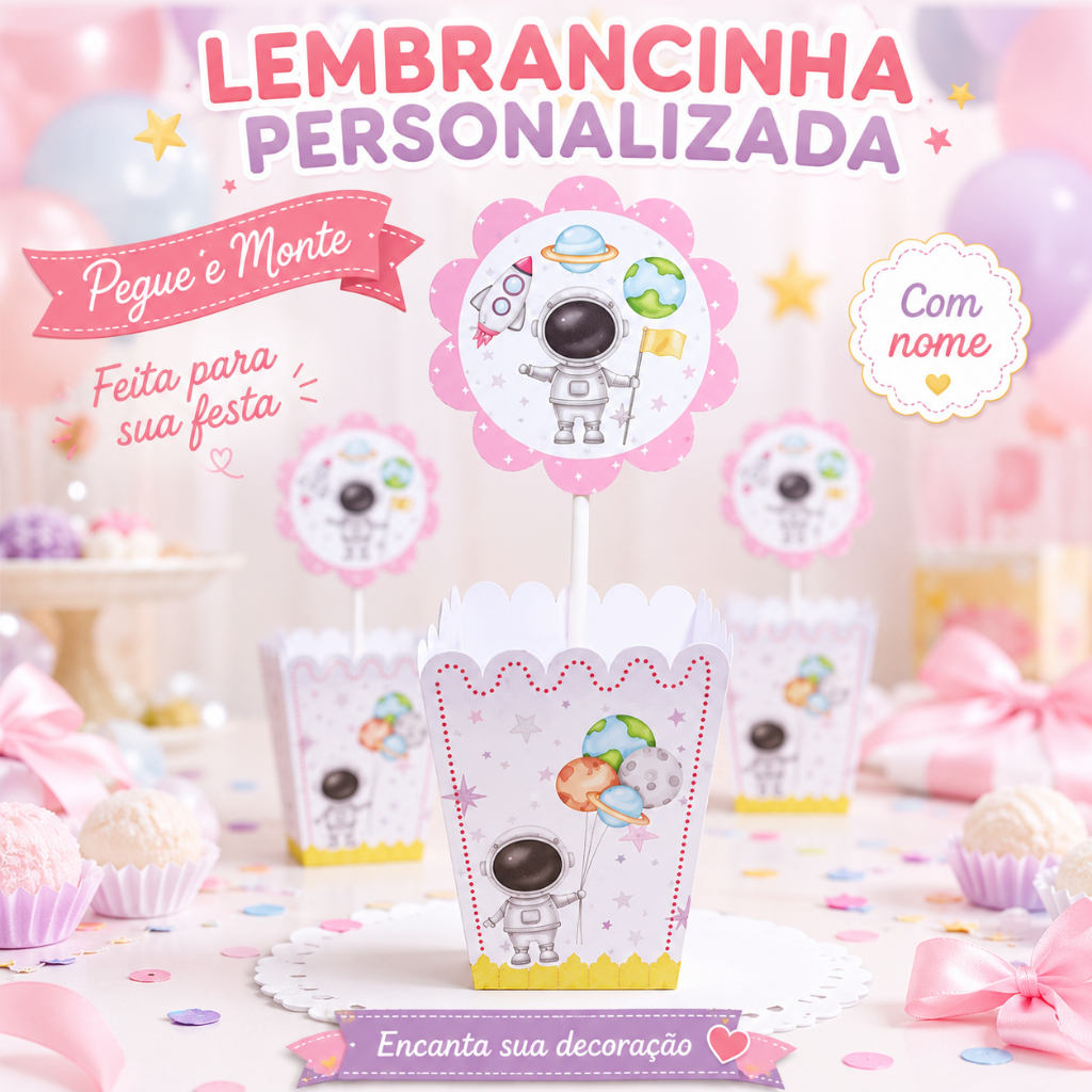 Centro de Mesa Cachepô Personalizado Astronauta Menina Festa Infantil, Lembrancinha Criativa