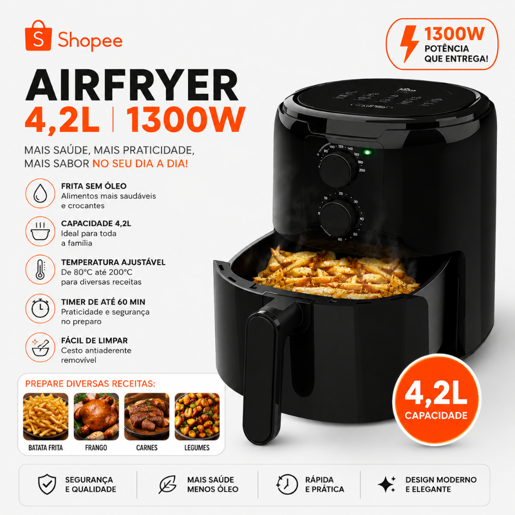 Fritadeira Air Fryer 4,2L - 3,5L Kian  127v