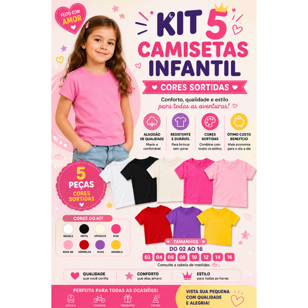 Kit com 5 Camiseta Sortidas Infantil 100% Lisa Básica Manga Curta Unissex Feminina Menina