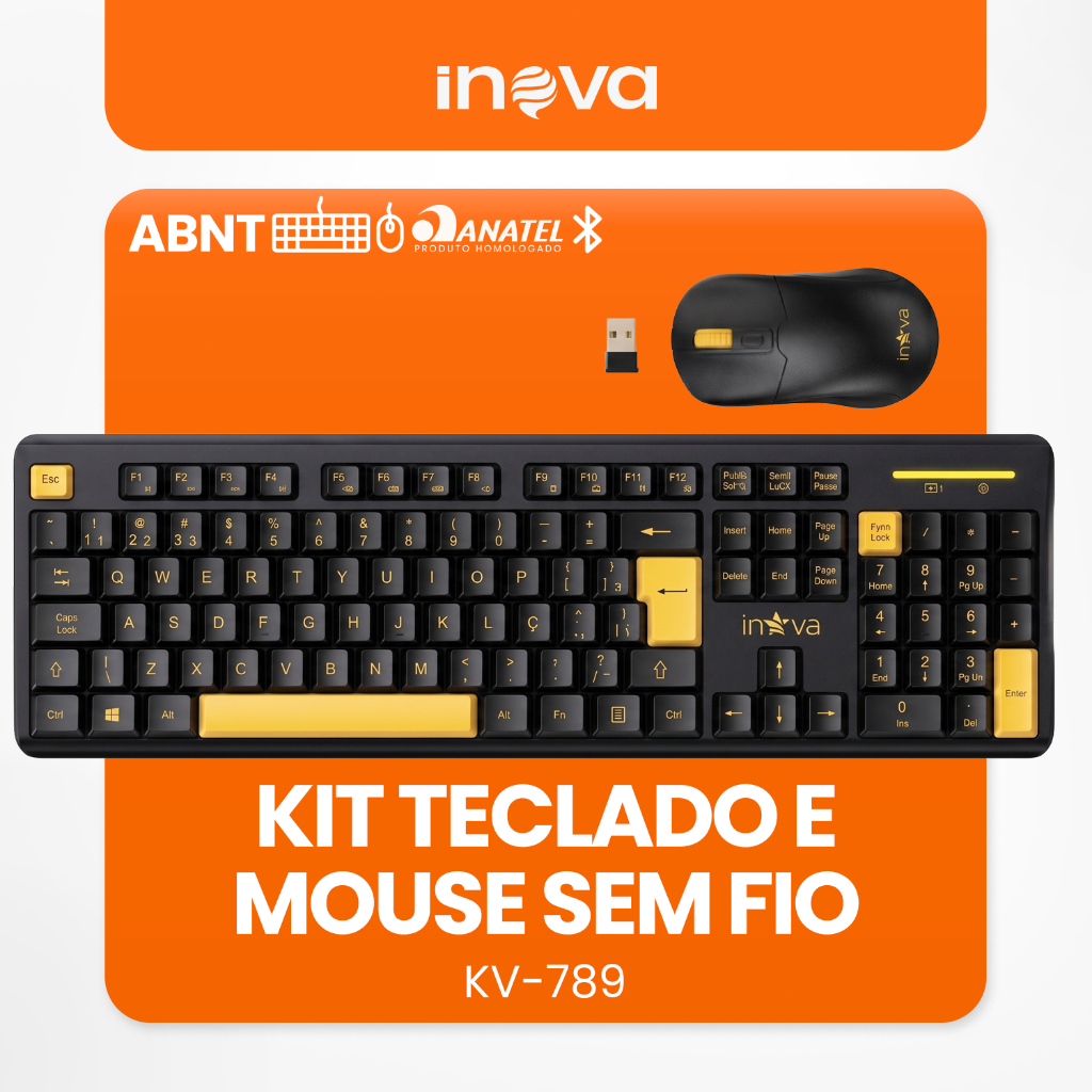INOVA KV789 Conjunto Teclado e Mouse Sem Fio Baixa Latência Teclas Silenciosas Bateria Longa Duração
