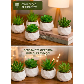 Mini Suculenta Artificial Planta Decorativa Com Vasinho Geométrico Branco