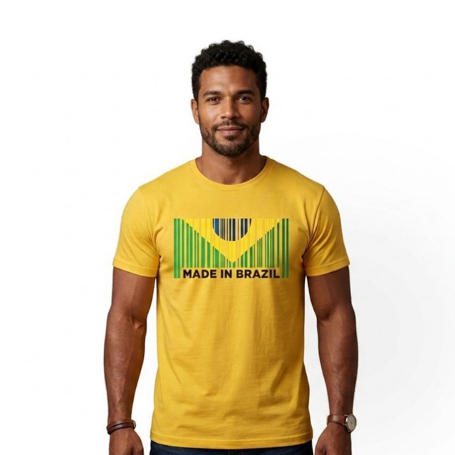 Camiseta do Brasil exclusiva com design de código de barras da bandeira do Brasil de algodão premium