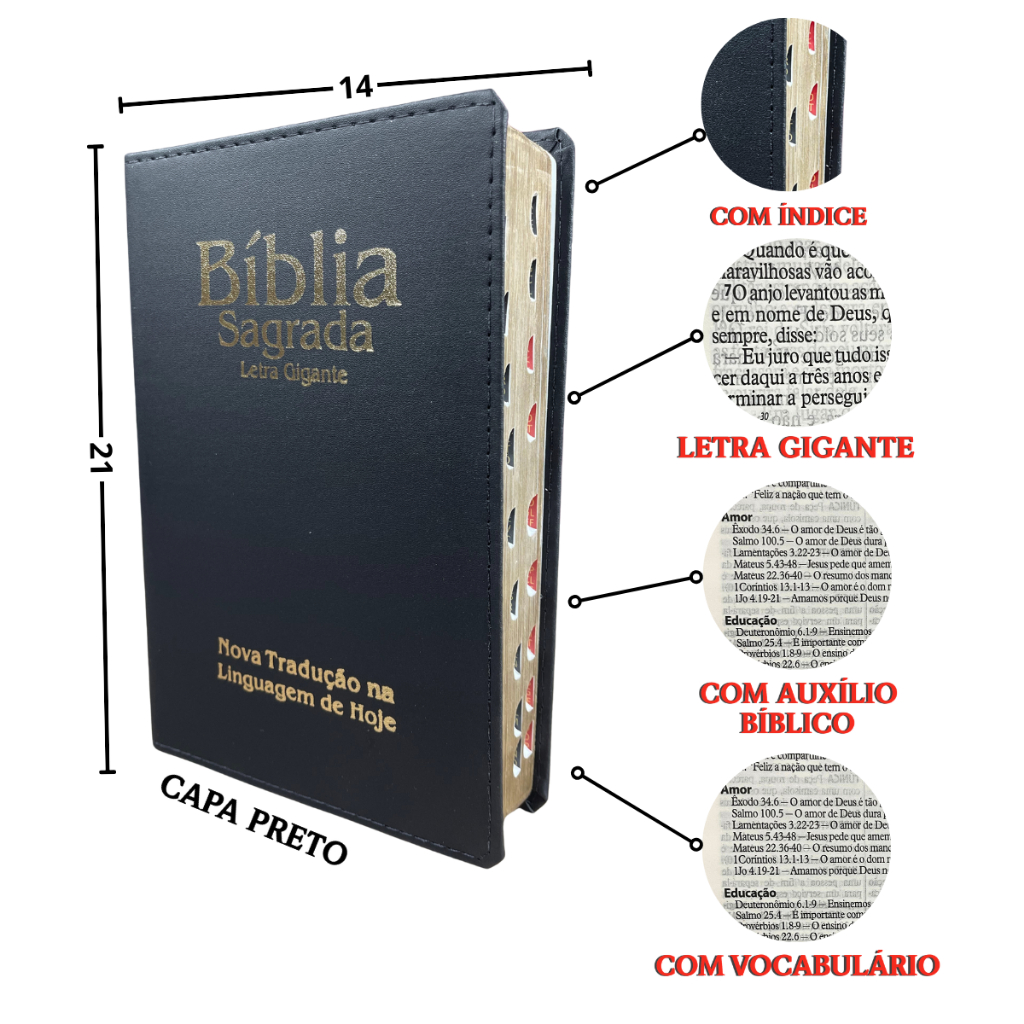 Bíblia Letra Gigante Versão NTLH Nova Tradução Linguagem Hoje Fácil Luxo Preta Índice Capa Preta