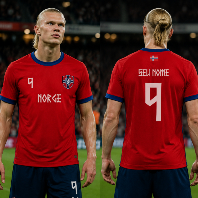 Camiseta Personalizada Torcida Noruega 2026 Copa Do Mundo Vermelha Dry Fit Frente e Costas Estampado Noruega
