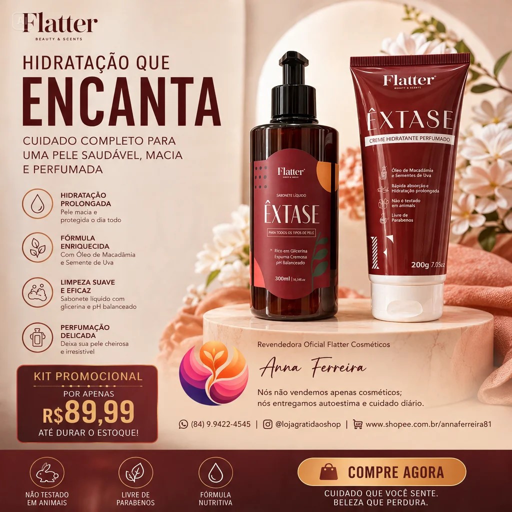 Kit duo Flatter Cosméticos: Sabonete e Hidratante Extase Love Livery Rouge