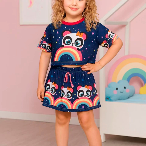 Conjunto Infantil Menina Panda Sued Premium Blusa e Short Saia Roupa Infantil Feminina Look Menina