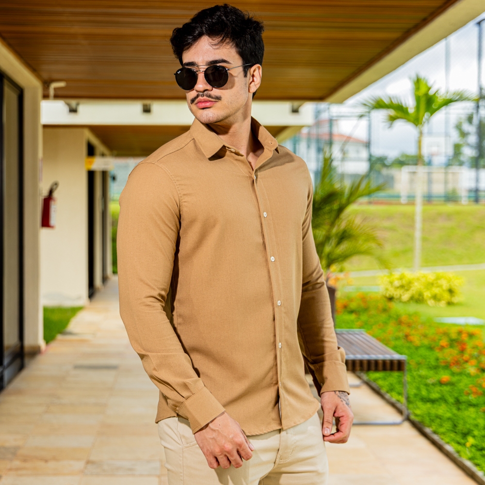 Camisa Social Masculina Manga Longa Linho Encorpada Confortável Elegante Não Amassa Moda