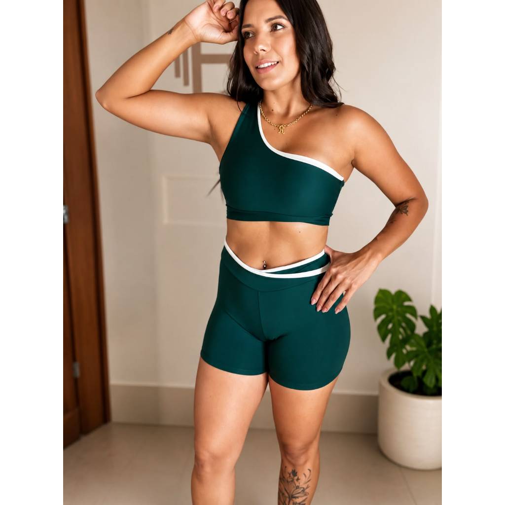 Conjunto Feminino Academia Poliamida Zero Transparência Conforto Fitness Short e Top Ombro
