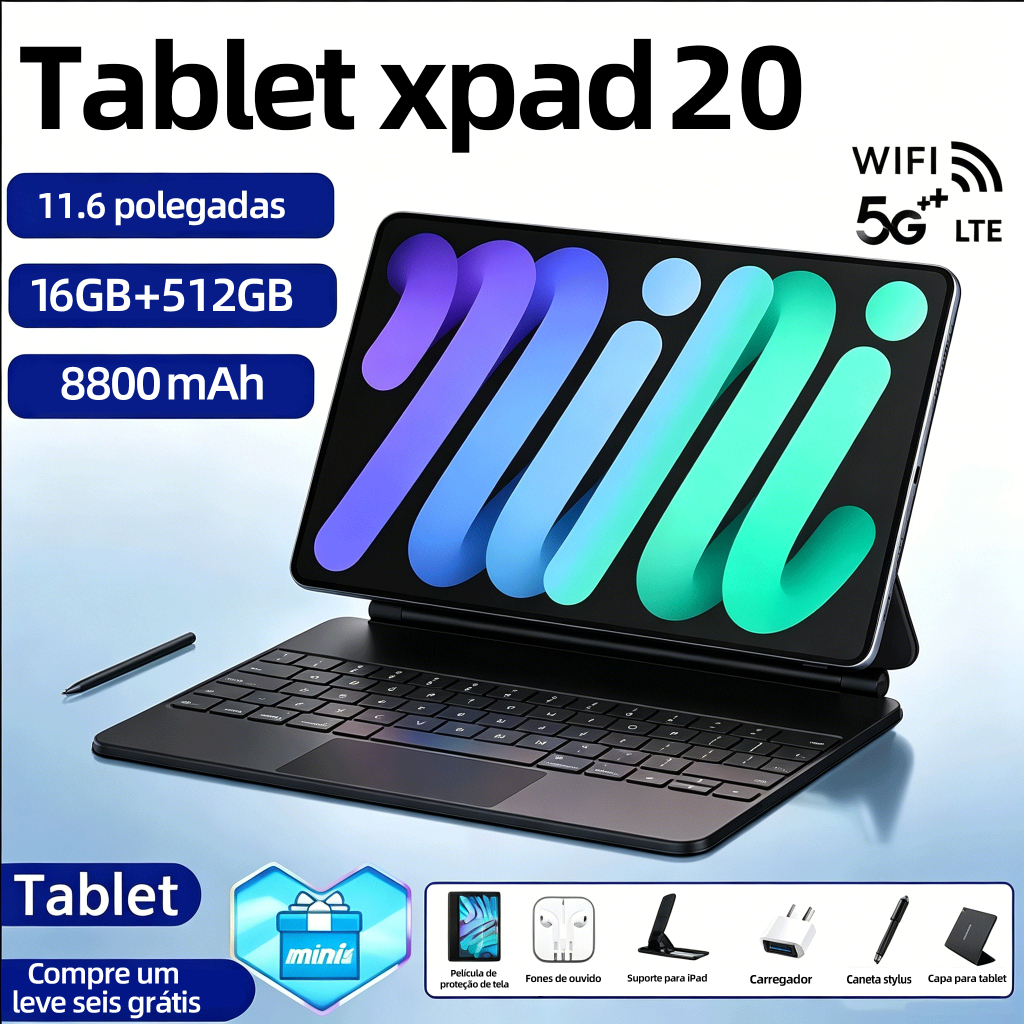 Tablet XPAD20 11.6" Tela FHD [16+512GB] | Bateria 8800mAh | Com Teclado e Mouse Grátis | WiFi/5G LTE