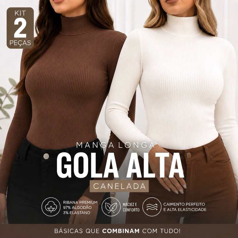 Kit 2 Blusa Canelada Feminina Manga Longa Gola Alta Algodão Elastano Confortável Casual Segunda Pele