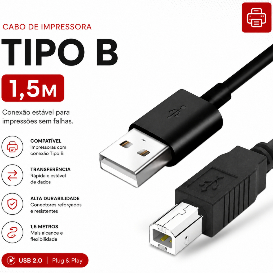 Cabo USB 2.0 para Impressora Scanner Multifuncional Universal 1,5 metros