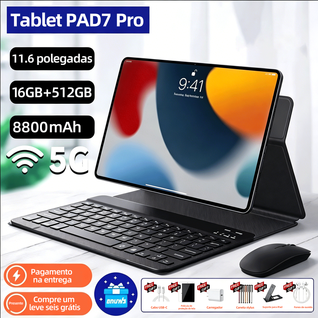 Tablet PAD7 Pro16+512GB 11,6 polegadas Tablet Android TelaGrande Wifi 5G Dual SIM Dual StandbyTablet