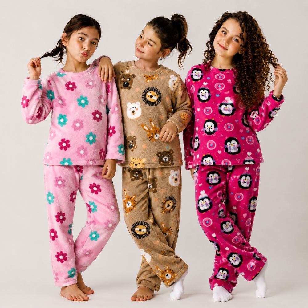 Conjunto Pijama Infantil Fleece Inverno Menino Menina Quentinho Roupa de Dormir Macio Térmico Cores Sortidas