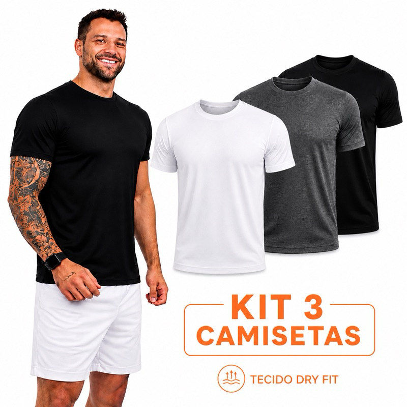 Kit 3 Camisetas Masculinas Dry Fit Academia Corrida Caminhada Fitness Manga Curta UV