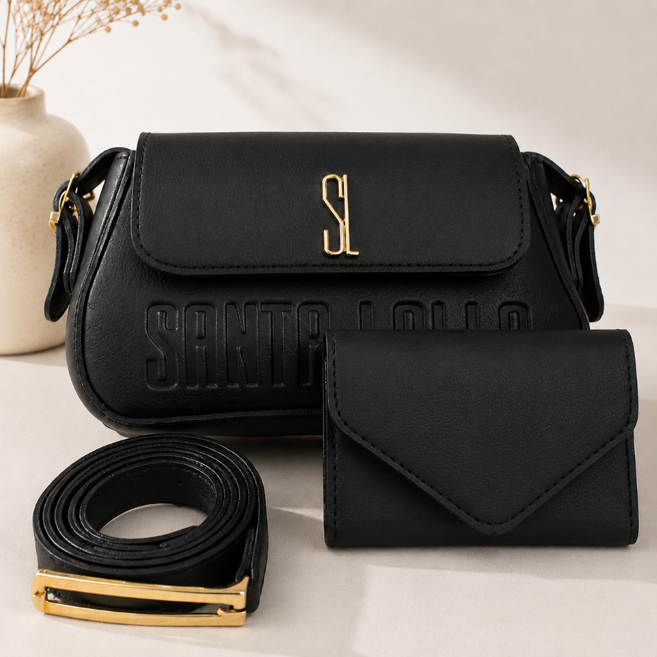 Kit Bolsa Feminina Preta Completa Com Porta Cartão e Cinto Elegante Tendencia Envio Rapido