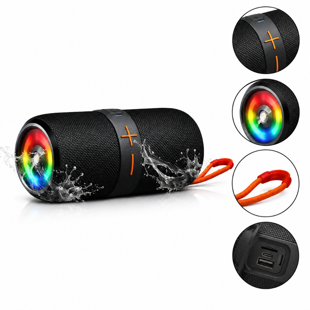 Caixa de Som Bluetooth 100W Impermeável com LED e Alça Recarregável