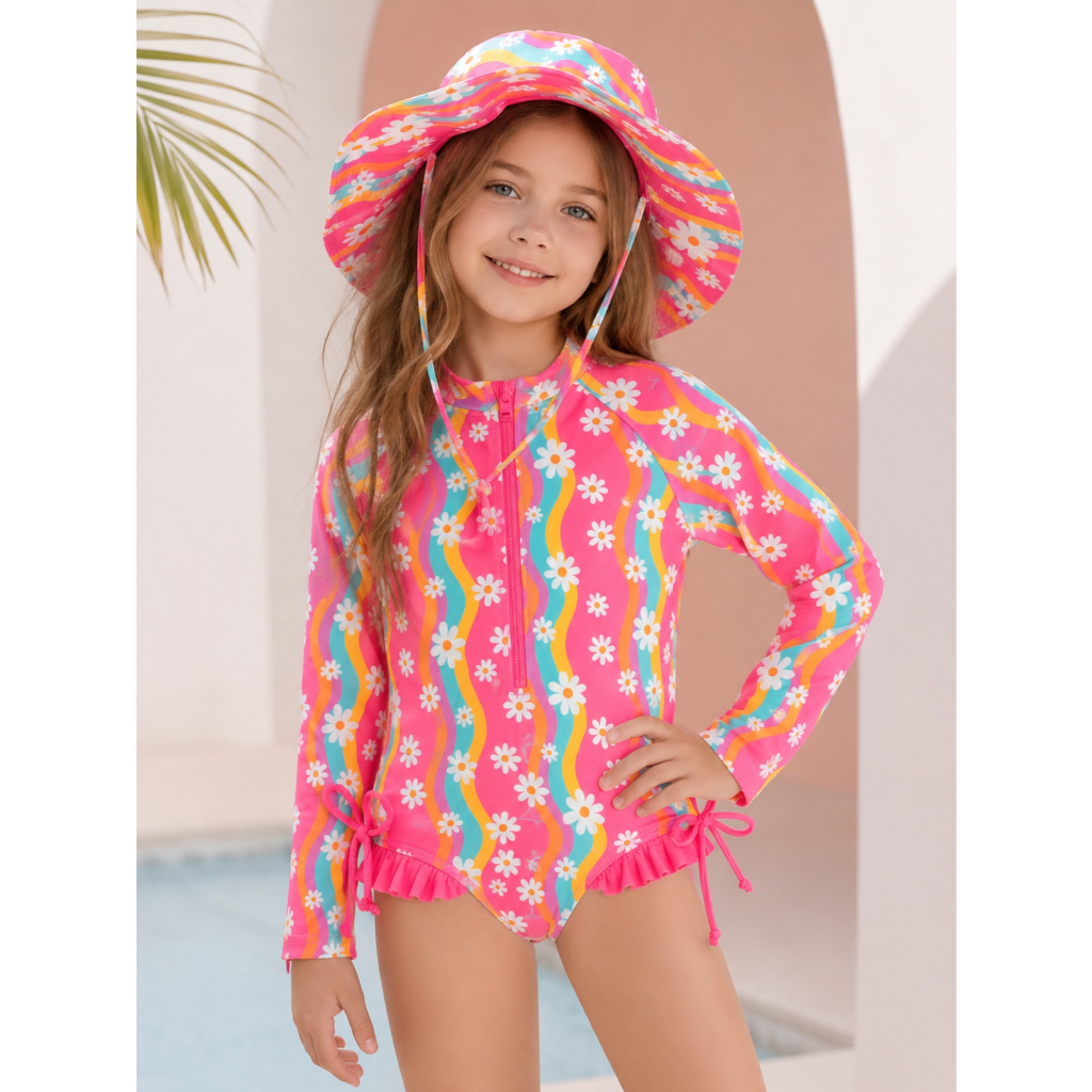 Maiô Infantil Menina Manga Longa Infantil Bebe Biquini Proteção Uv 50 Moda Praia Piscina