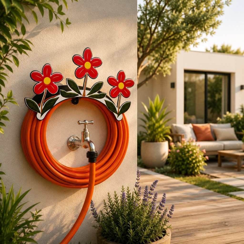Suporte Em Aço Fixo Em Parede Enrolador De Mangueira Organizador De Quintal Jardim Area Externa - FLOR BASE PRETA