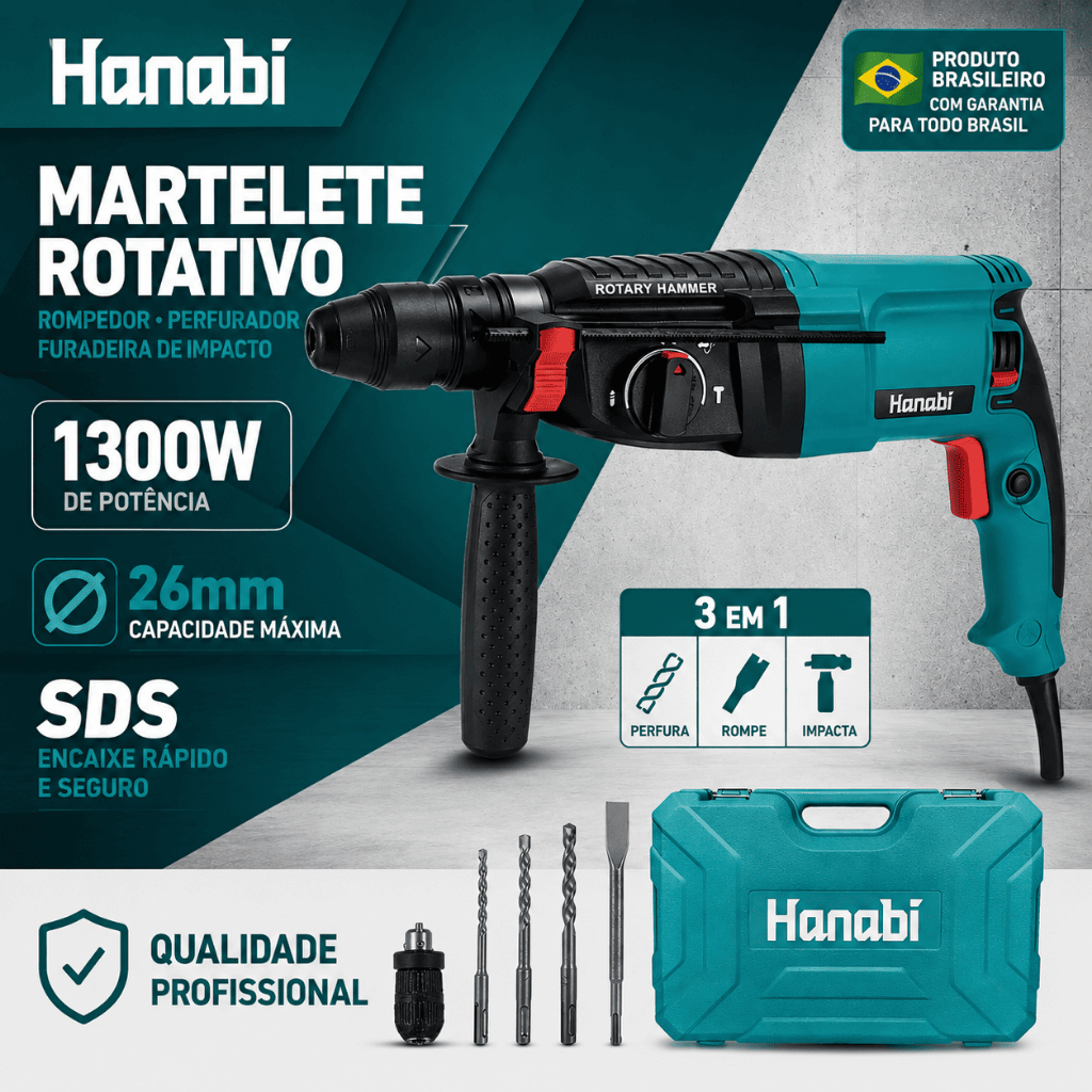 【Hanabi】Martelete Rotativo Rompedor Perfurador 1300W SDS Profisisonal Hanabi Furadeira de Impacto 26mm
