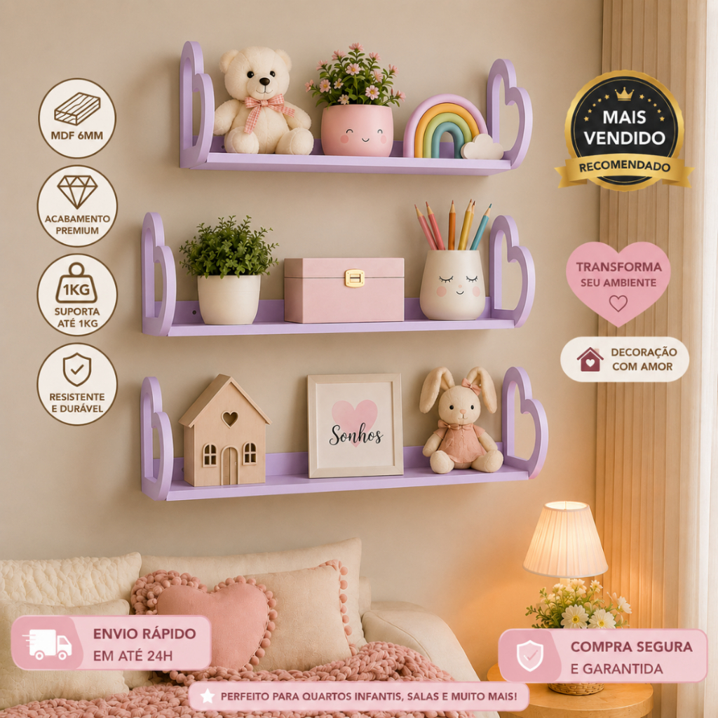 Kit 3 Prateleiras Modelo Amor Corações Decoração Quarto Sala
