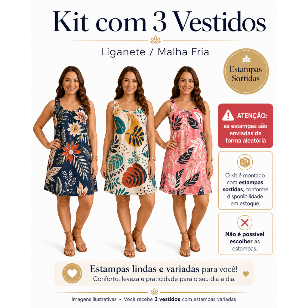 KIT com 3 (TRÊS) Vestidos de Liganete - Malha Fria - estampado - Estampas Sortidas (Aleatórias)