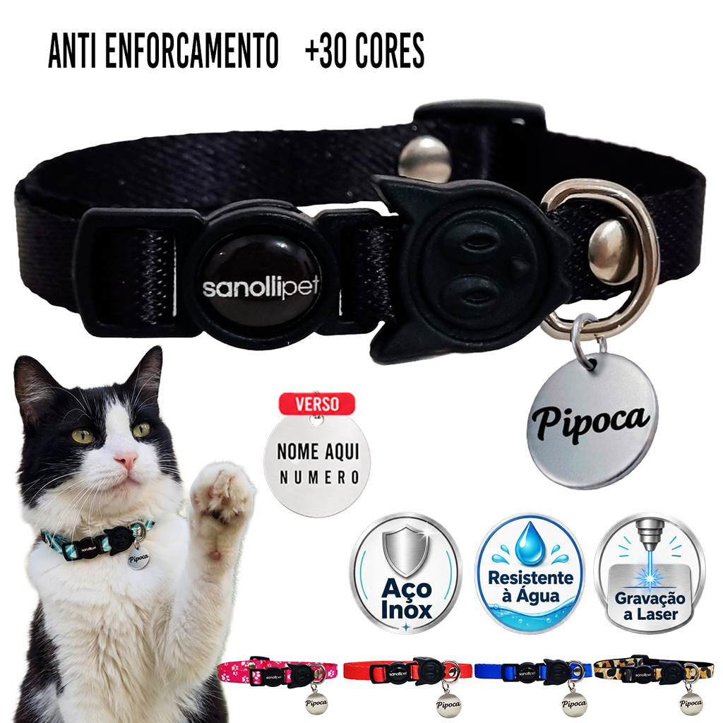 Coleira Para Gato Com Plaquinha Em Aço Inox Silenciosa Nome Fecho Segurança Luxo
