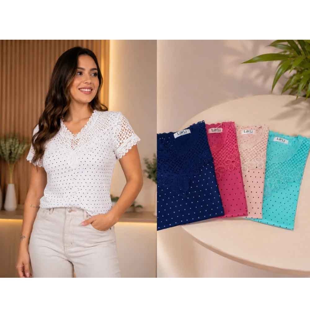 Blusa Feminina Elegante Poá com Renda Estilo Romântico Sofisticado