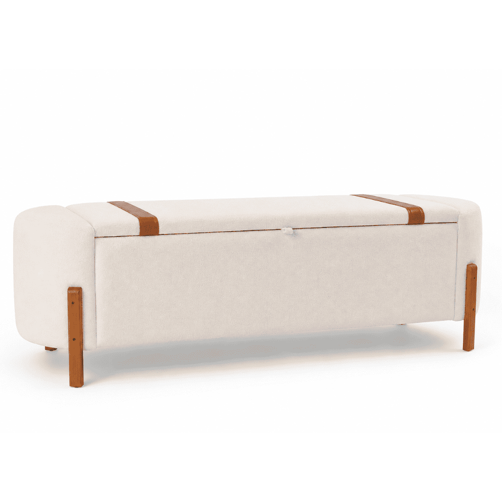Pufe Baú Áustria Medida Casal Queen 130/150 Tecido Bouclê Detalhe Courino Decorativo Pés Madeira Organizador Quarto - AV