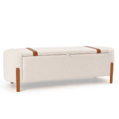 Pufe Baú Áustria Medida Casal Queen 130/150 Tecido Bouclê Detalhe Courino Decorativo Pés Madeira Organizador Quarto - AV