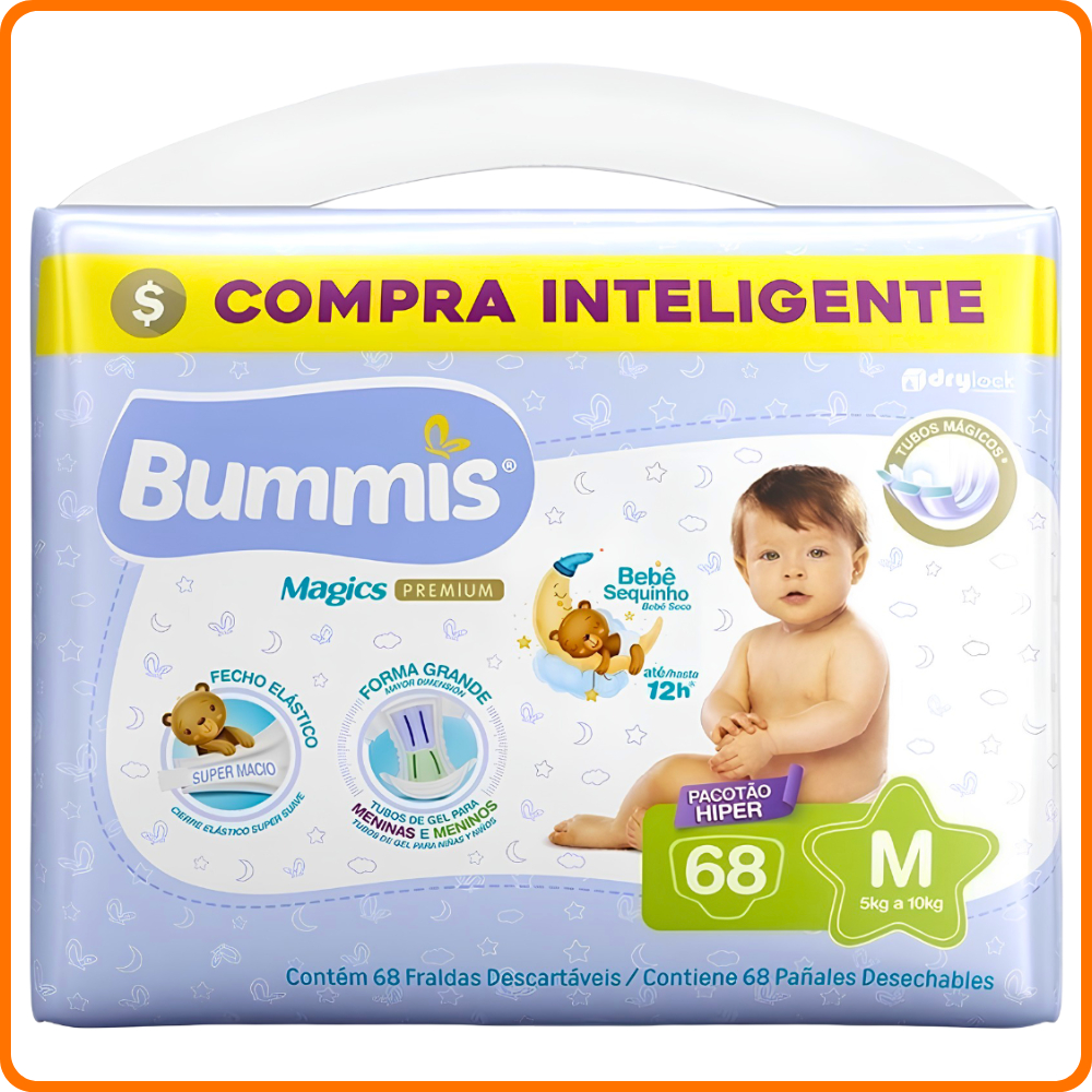 Fralda Descartável Infantil Bummis Magic Premium Hiper Tamanho M com 68 unidades