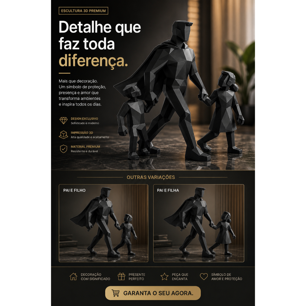 Estátua Pai Super-Herói Low Poly 3D |Variações / Decoração Geek | Presente Dia dos Pais